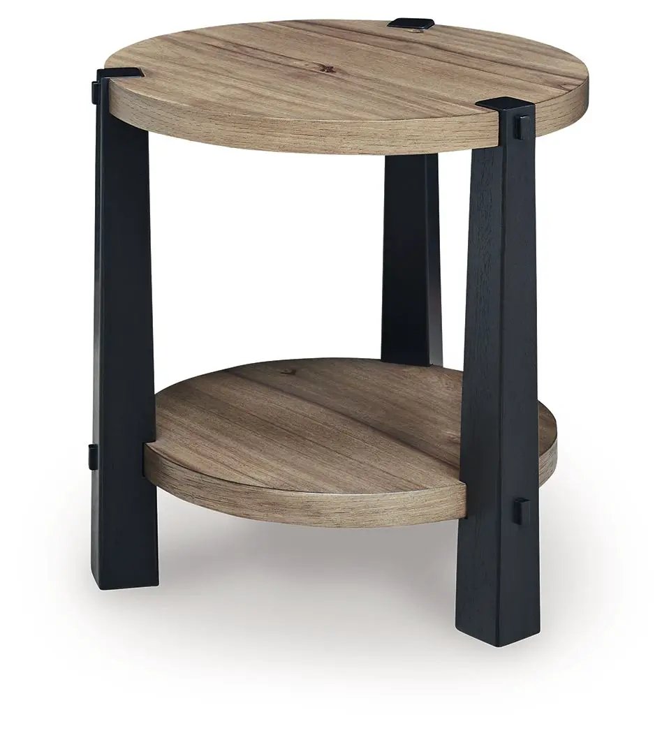 Ridgester round end table natural wood top with lower shelf black metal legs on Tampa Home & Garden Store