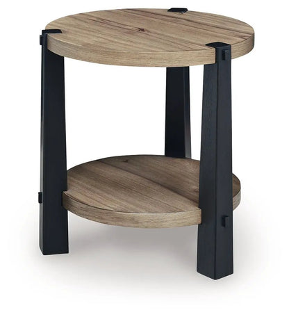 Ridgester round end table natural wood top with lower shelf black metal legs on Tampa Home & Garden Store
