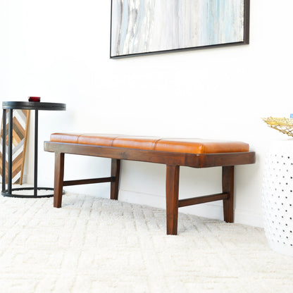 Rustic Upholstered Bench with tan genuine leather cushion, HouseOfZazla, wooden legs on Tampa Home & Garden Store