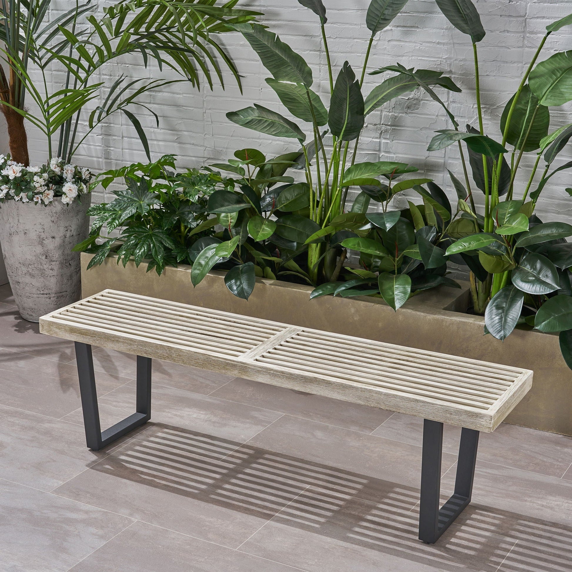 Intrinsic Outdoor Dining Bench With Slat Top by HouseOfZazla, weathered slats, black legs on Tampa Home & Garden Store
