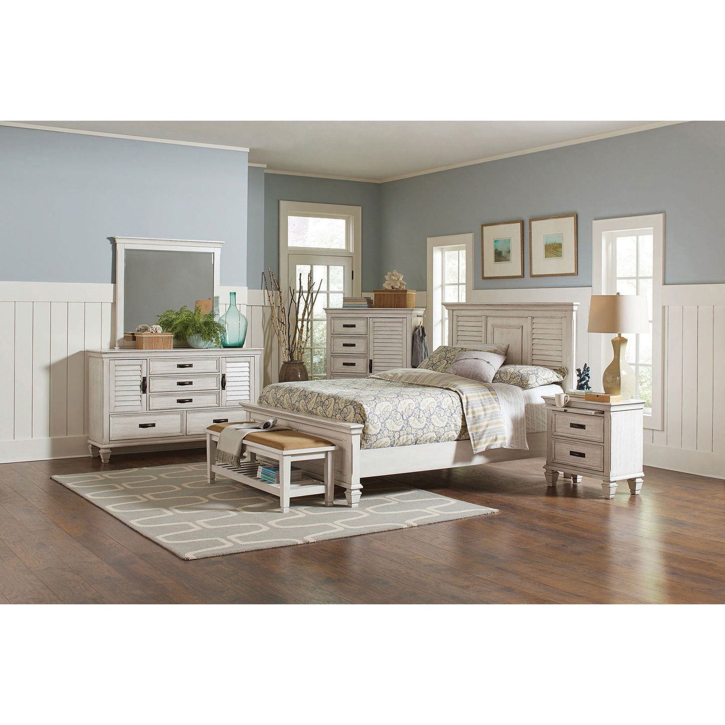 Durable Construction Panel Bed with two matching whitewashed dressers in a blue-gray bedroom on Tampa Home & Garden Store