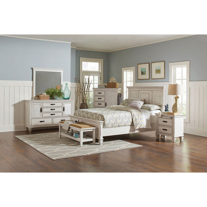 Durable Construction Panel Bed with two matching whitewashed dressers in a blue-gray bedroom on Tampa Home & Garden Store