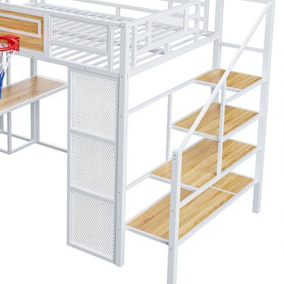 White metal loft bed with built-in desk, open wardrobe, basketball hoop and wood-step staircase on Tampa Home & Garden Store