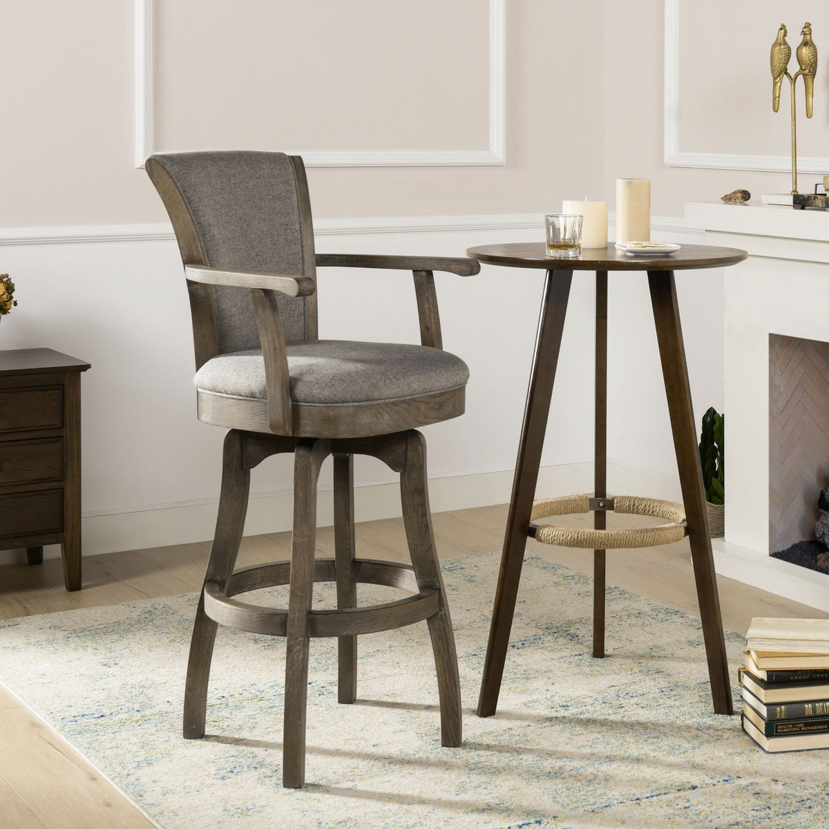 Williams Swivel Bar Stool, solid hardwood frame, gray fabric seat, 2 stools, bar height 28–30in on Tampa Home & Garden Store