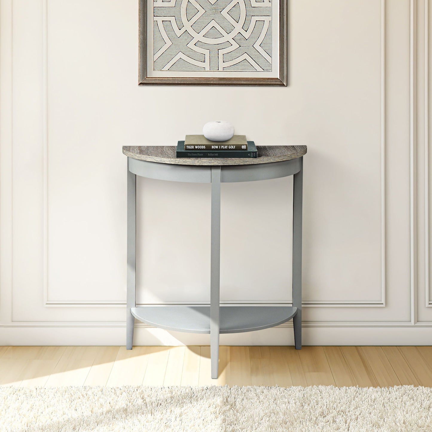 Justino Console Table gray oak with curved top and shelf on Tampa Home & Garden Store