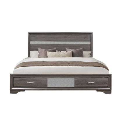Ryder Bed Sparkle storage bed in dark wood with a silver textured strip and front drawers on Tampa Home & Garden Store