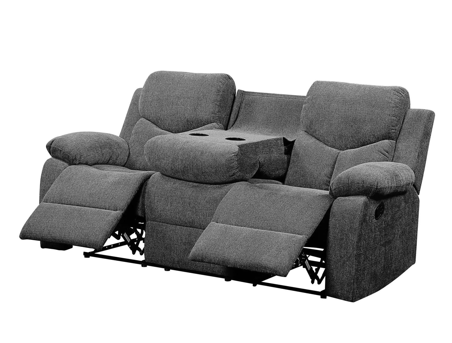 Kalen chenille gray reclining sofa with drop-down table and cup holders on Tampa Home & Garden Store