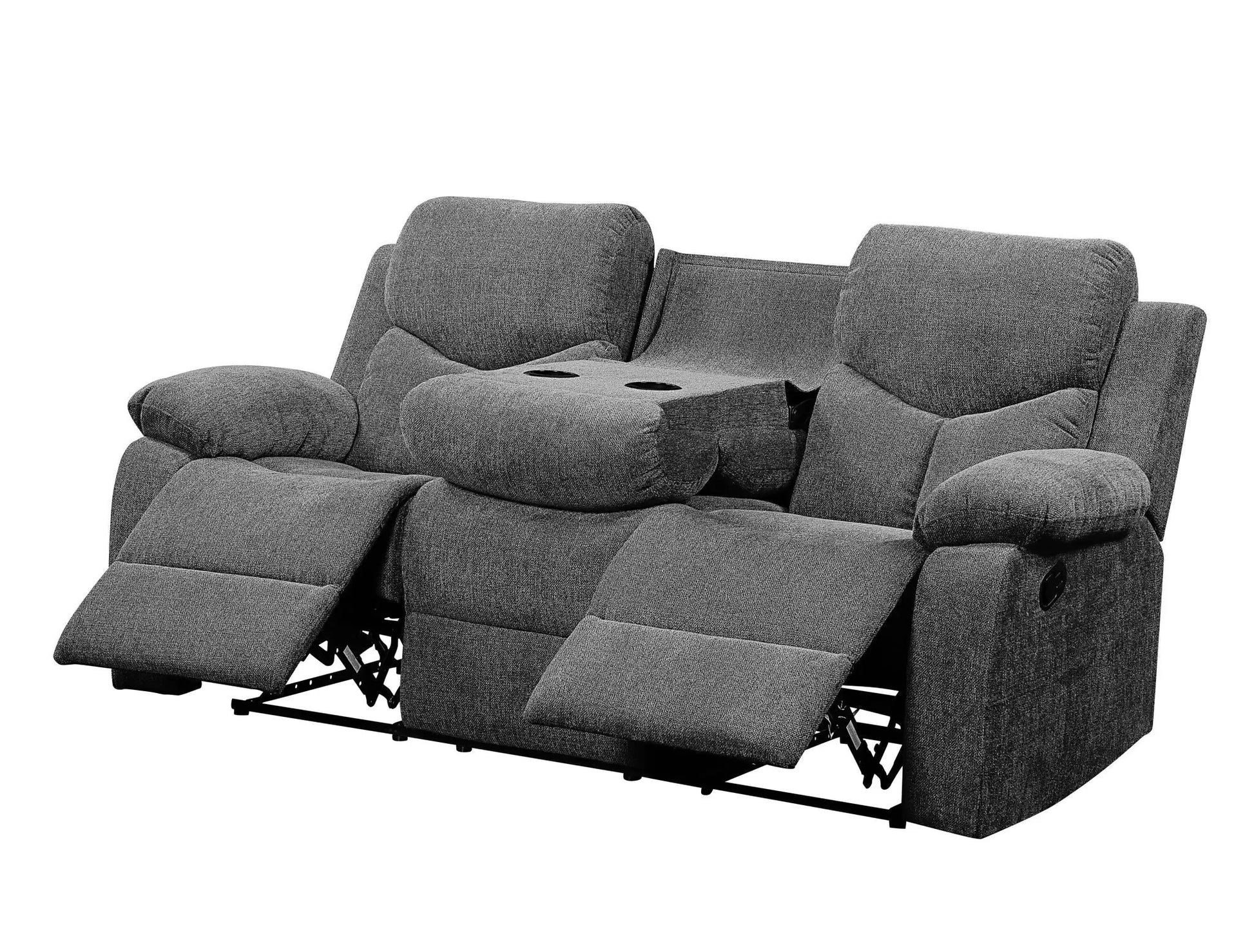 Kalen chenille gray reclining sofa with drop-down table and cup holders on Tampa Home & Garden Store