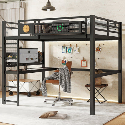 Metal Loft Bed with Desk and Charging Port