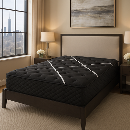 Restonic ComfortCare Hybrid Heartland Plush Mattress - King, black cover with white piping on Tampa Home & Garden Store