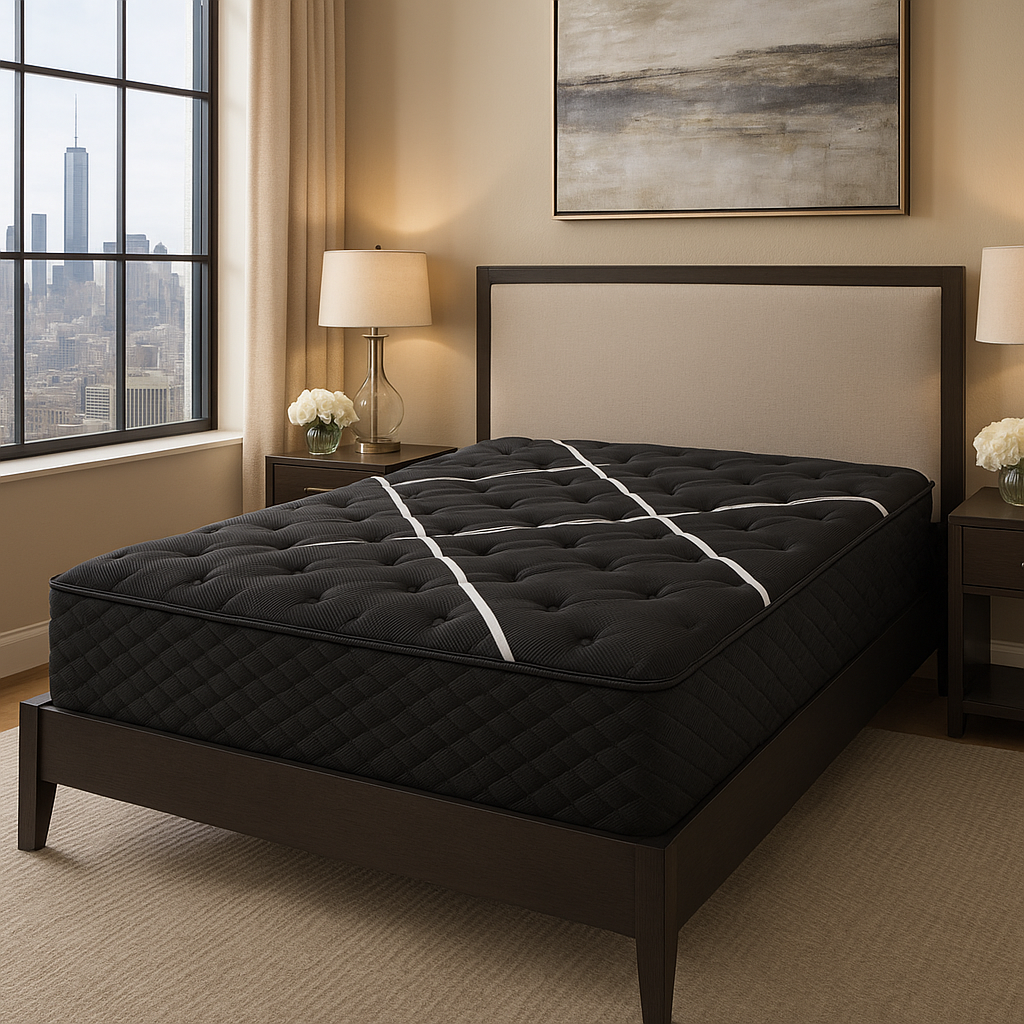 Restonic ComfortCare Hybrid Heartland Plush Mattress California King on dark wood bed on Tampa Home & Garden Store
