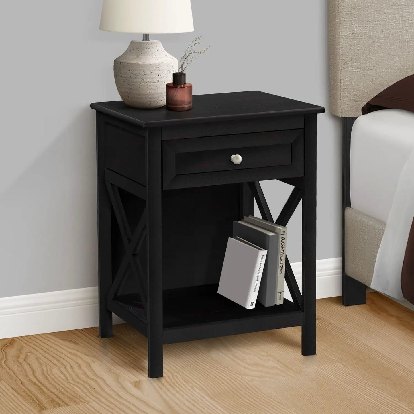 Accent End Table 2-Tier black wood with drawer Unique Piece Furniture lamp and amber jar on top on Tampa Home & Garden Store
