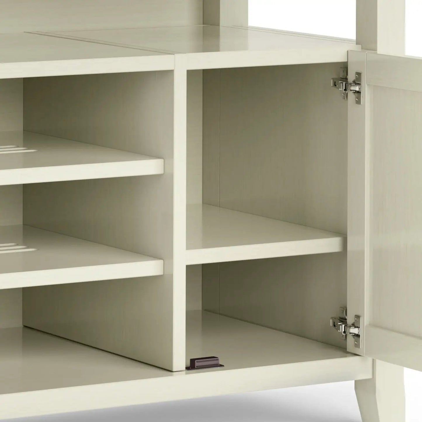 Amherst TV Media Stand handcrafted in light cream wood with open shelves and cabinet storage on Tampa Home & Garden Store