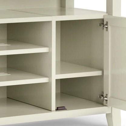 Amherst TV Media Stand handcrafted in light cream wood with open shelves and cabinet storage on Tampa Home & Garden Store