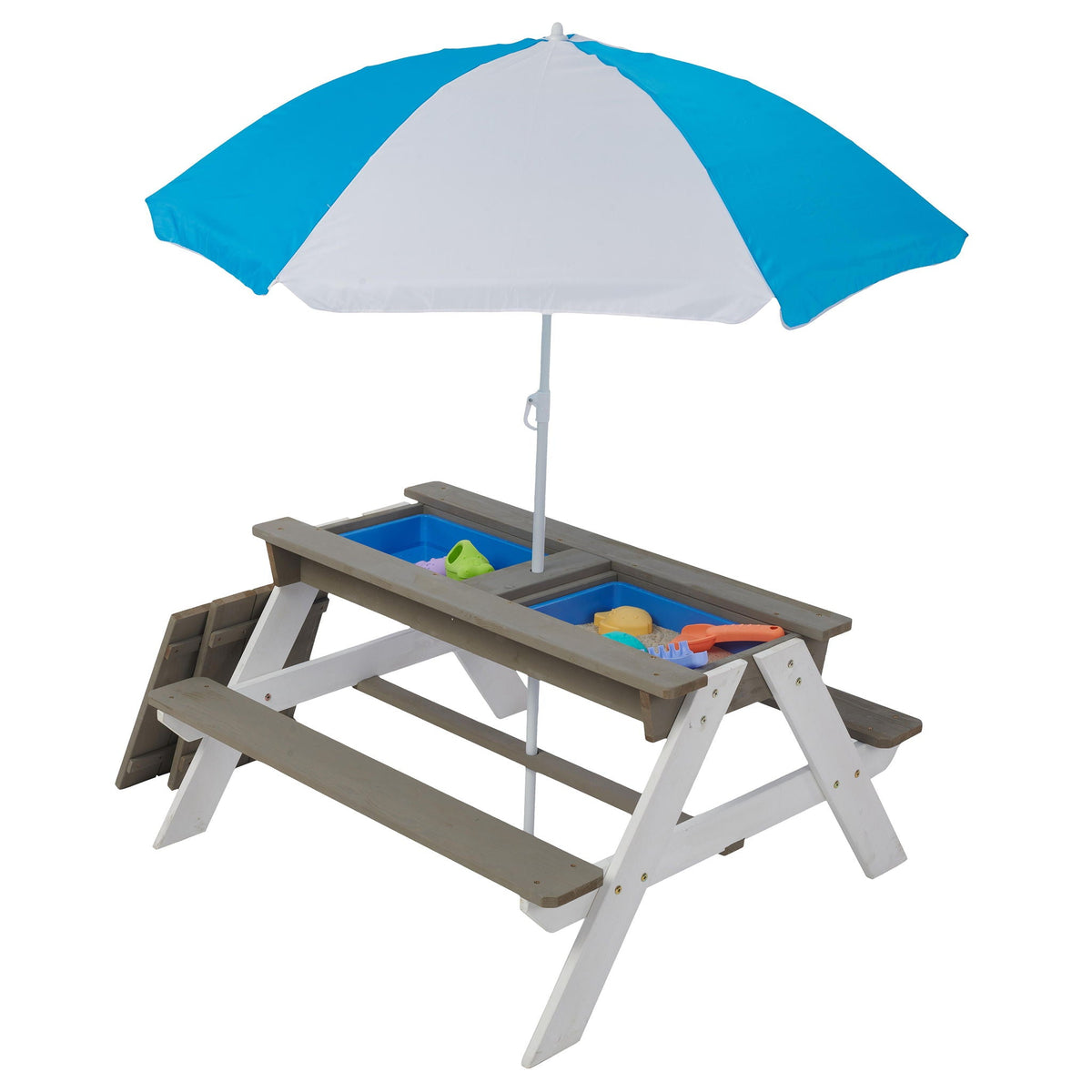 Kids cedar picnic table with built-in sand and water play area under a blue umbrella on Tampa Home & Garden Store