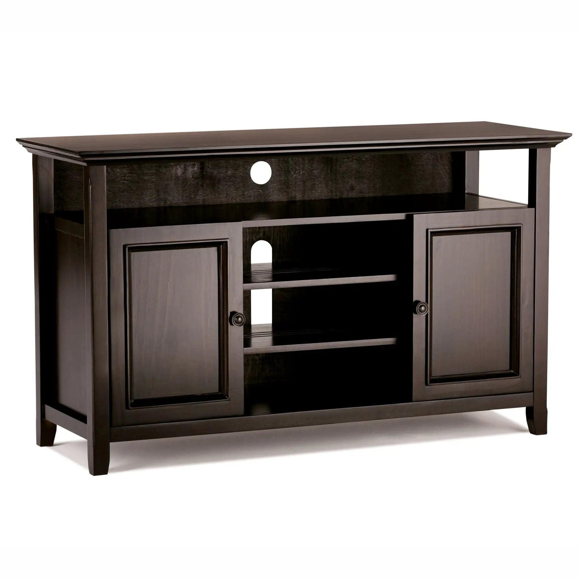 Amherst TV Media Stand Unique Piece Furniture dark espresso finish with cabinet doors and shelf on Tampa Home & Garden Store
