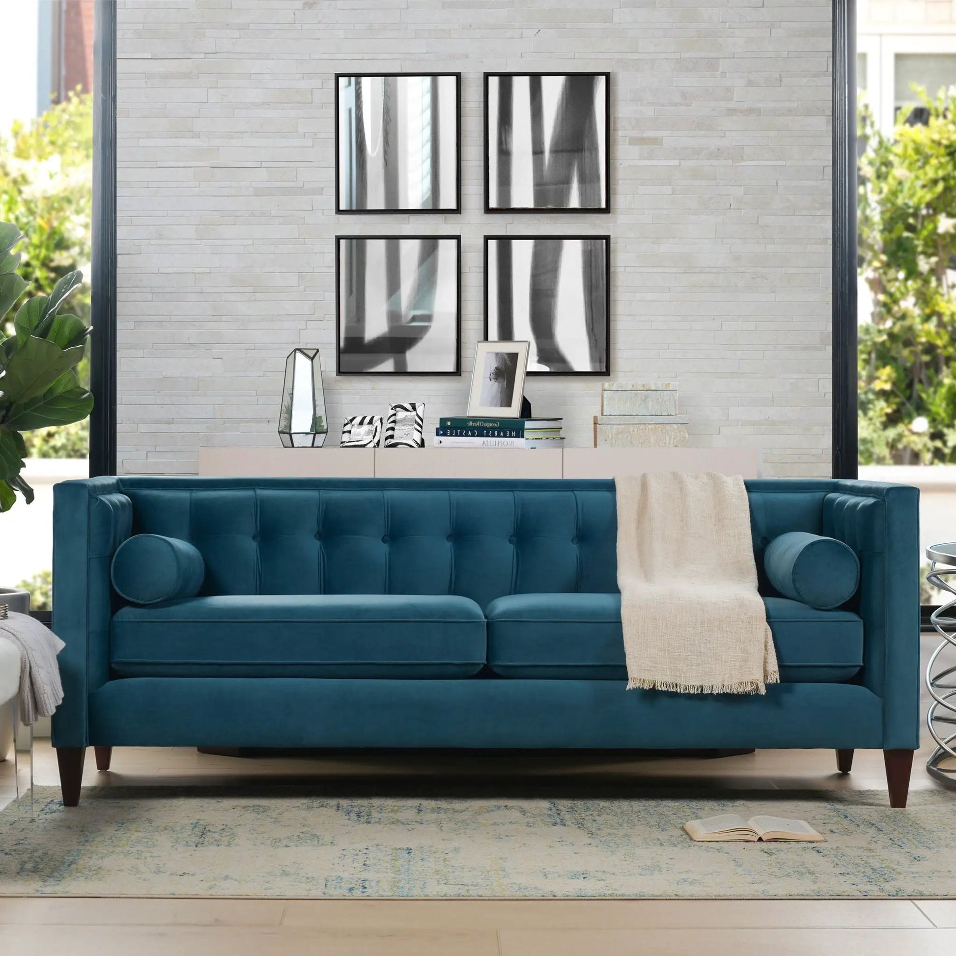 Jack Modern Tuxedo Tufted Sofa, blue velvet with dark wood legs, stationary design on Tampa Home & Garden Store