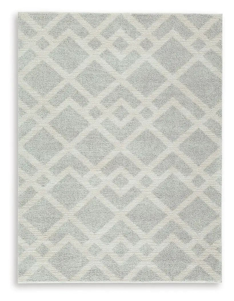 Unawick - Rug, neutral gray geometric area rug with cream diamond lattice, plush pile on Tampa Home & Garden Store
