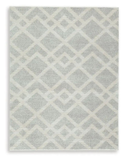 Unawick - Rug, neutral gray geometric area rug with cream diamond lattice, plush pile on Tampa Home & Garden Store