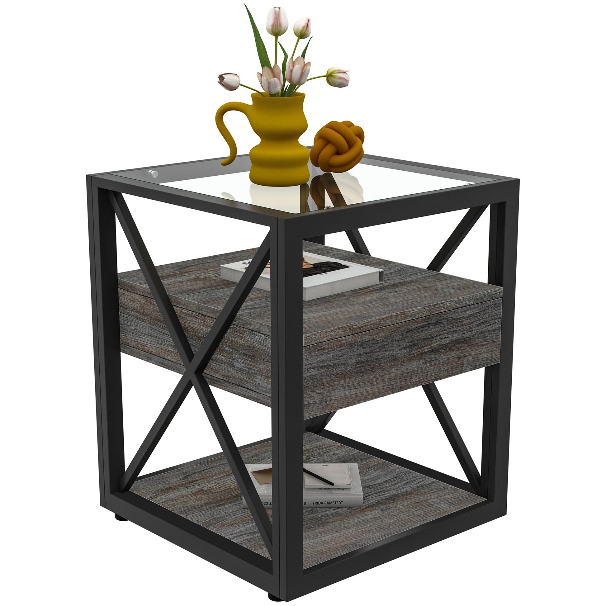 Set of 2 modern end tables with black metal frame, glass tops, and wood shelves on Tampa Home & Garden Store