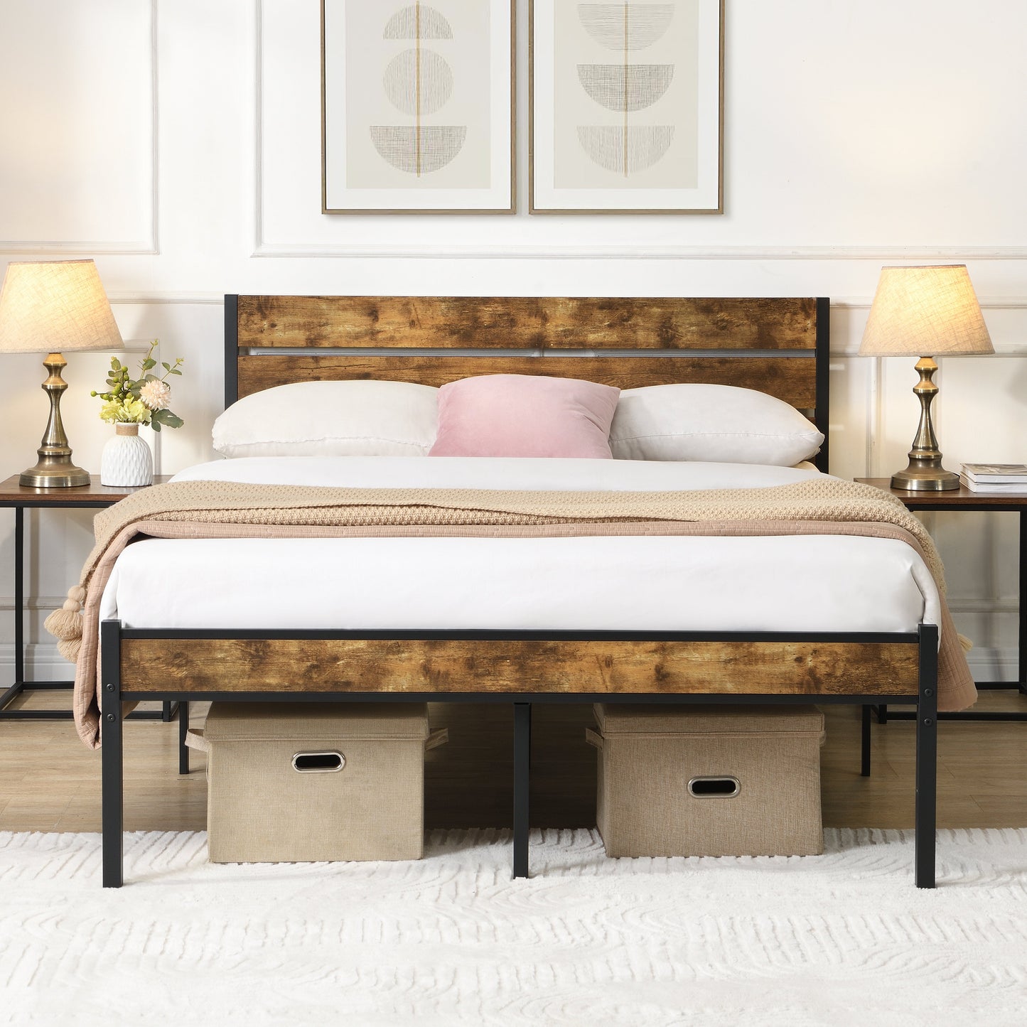 Full size bed frame with weathered wood headboard and black metal legs on Tampa Home & Garden Store