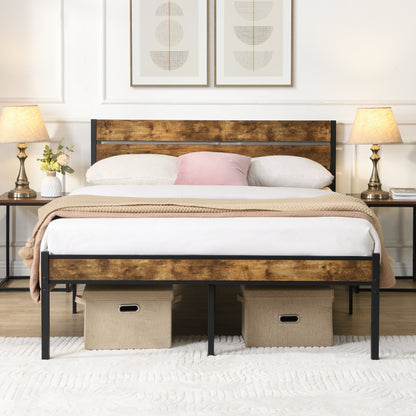 Full size bed frame with weathered wood headboard and black metal legs on Tampa Home & Garden Store