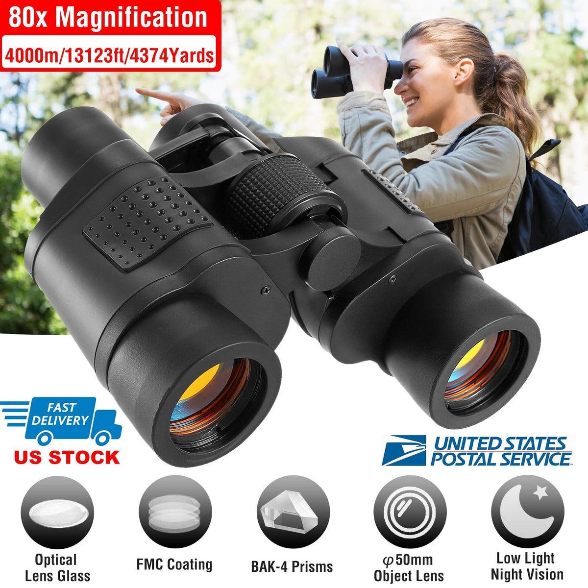 GemGear portable HD binoculars with FMC lens, black, 80x magnification with shoulder strap on Tampa Home & Garden Store