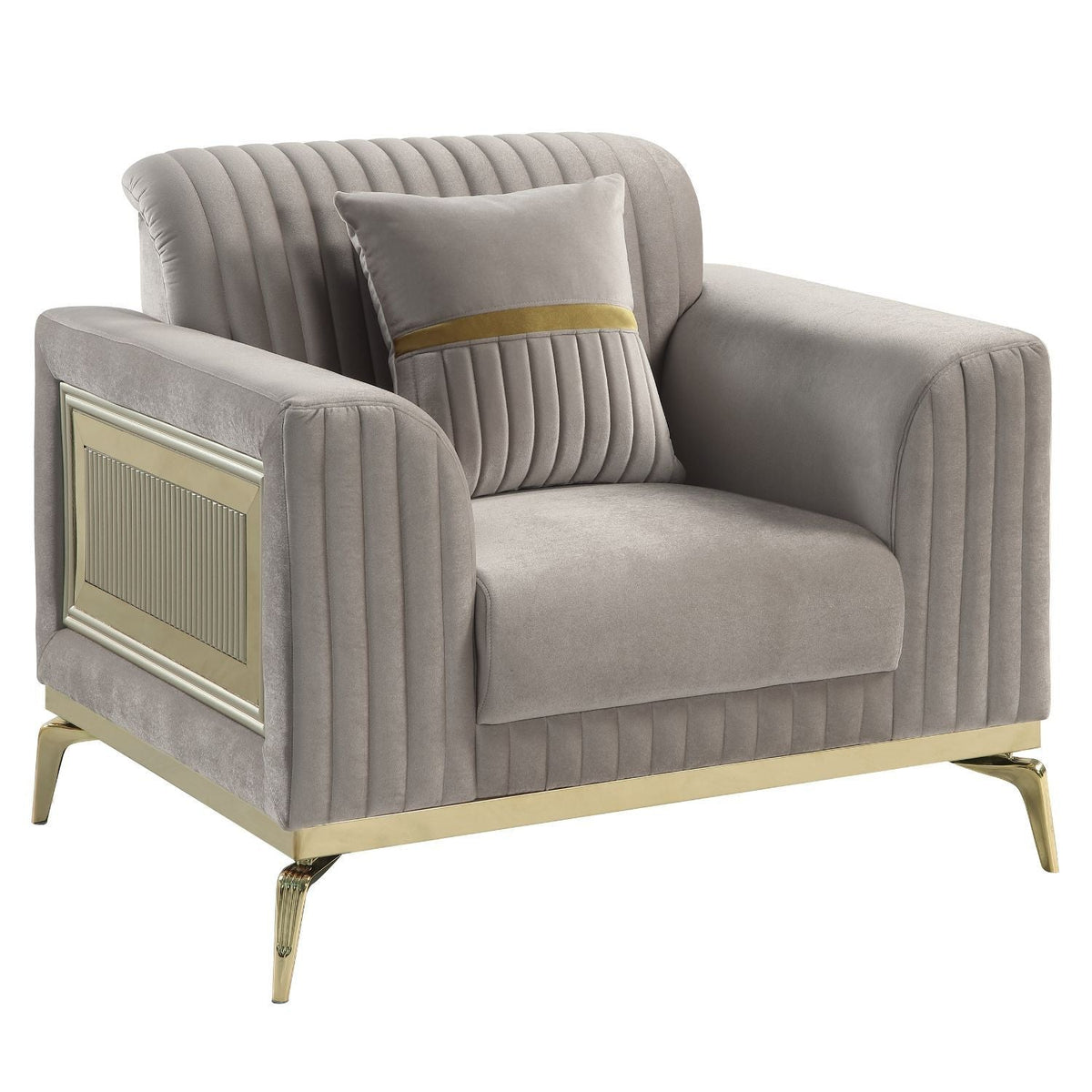 Antigua Upholstered Arm Chair by HouseOfZazla with gold metal frame, taupe velvet, decorative pillow on Tampa Home & Garden Store