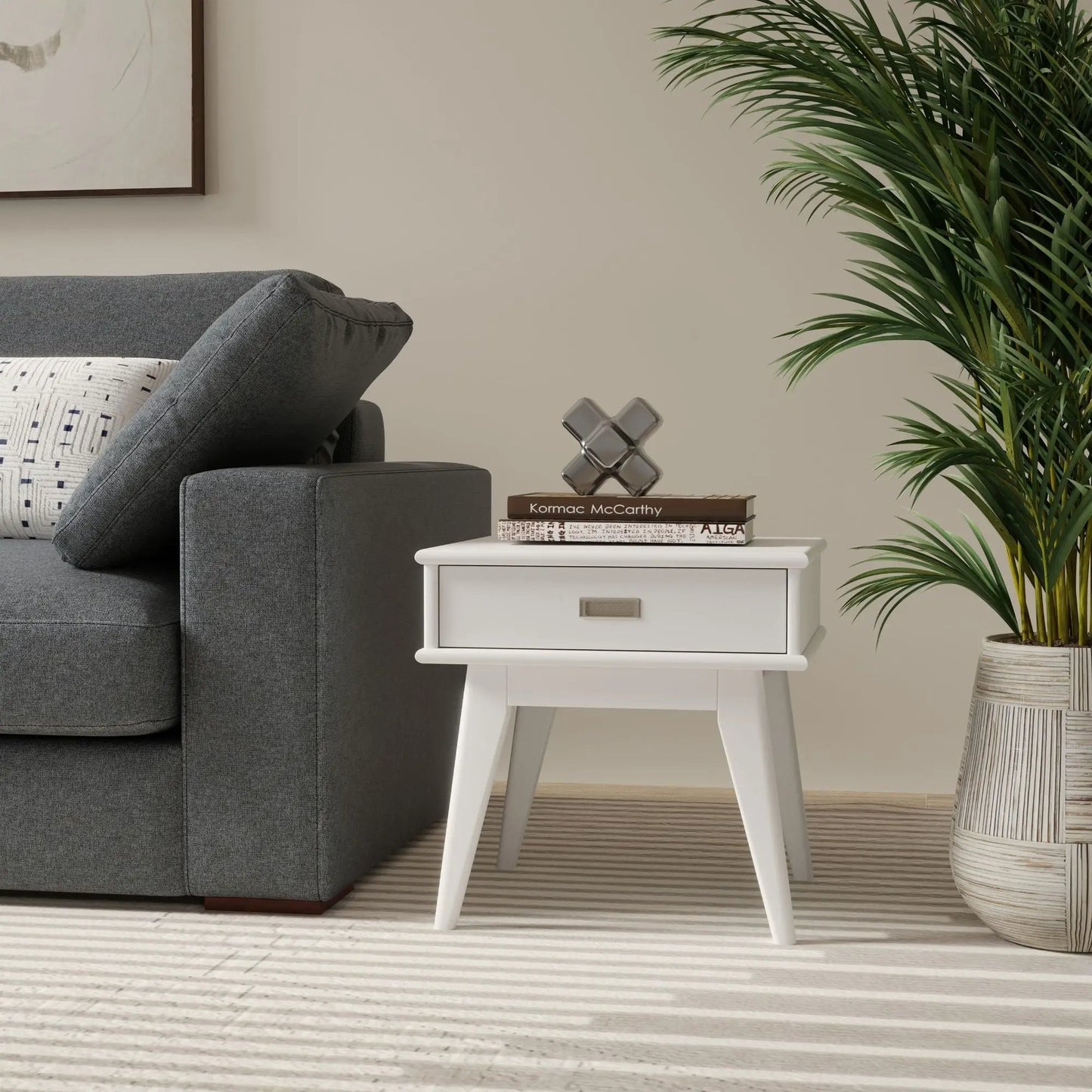 Draper Handcrafted Mid Century End Table, white with drawer beside gray sofa on Tampa Home & Garden Store