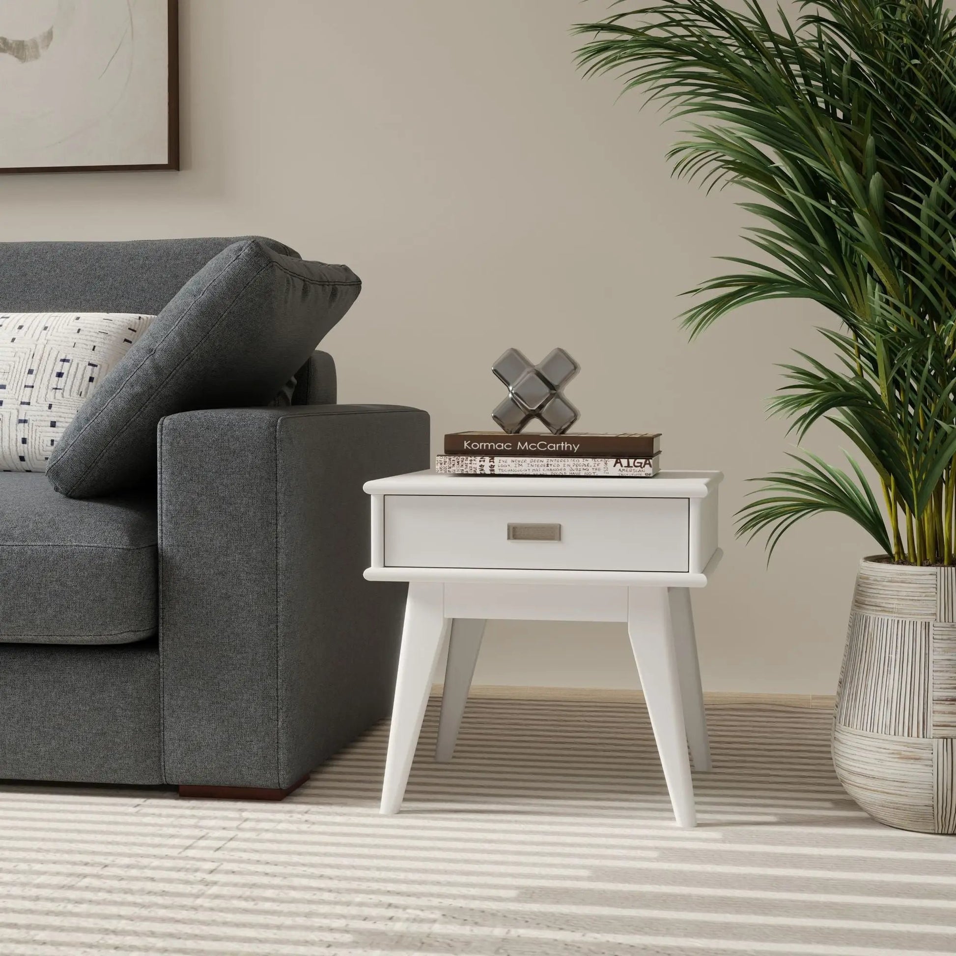 Draper Handcrafted Mid Century End Table, white with drawer beside gray sofa on Tampa Home & Garden Store