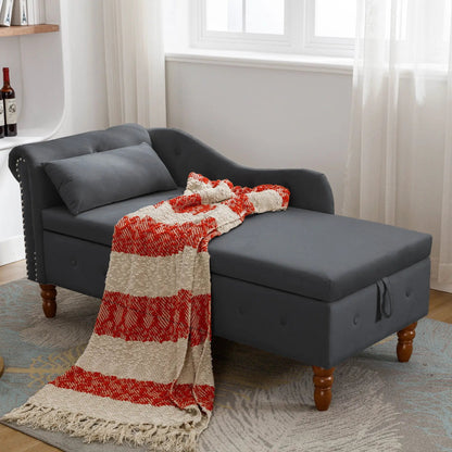 Chaise lounge indoor dark gray with rolled arms and nailhead trim, two pillows, red knit throw on Tampa Home & Garden Store