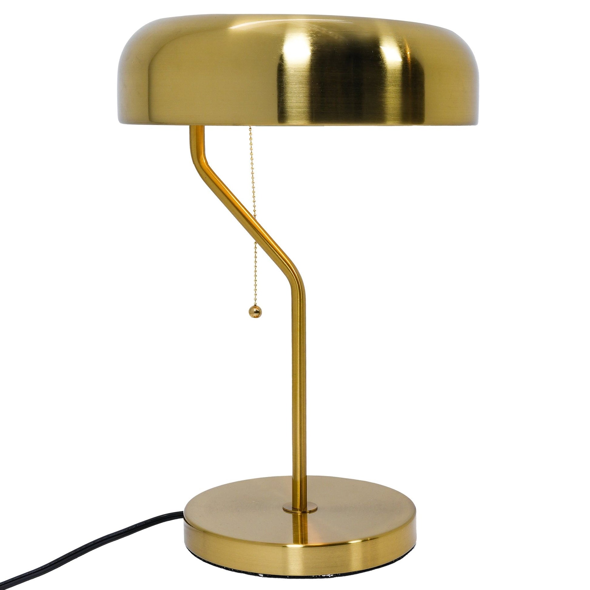 HouseOfZazla gold bedside table lamp with curved brass stem and round base pull-chain switch on Tampa Home & Garden Store