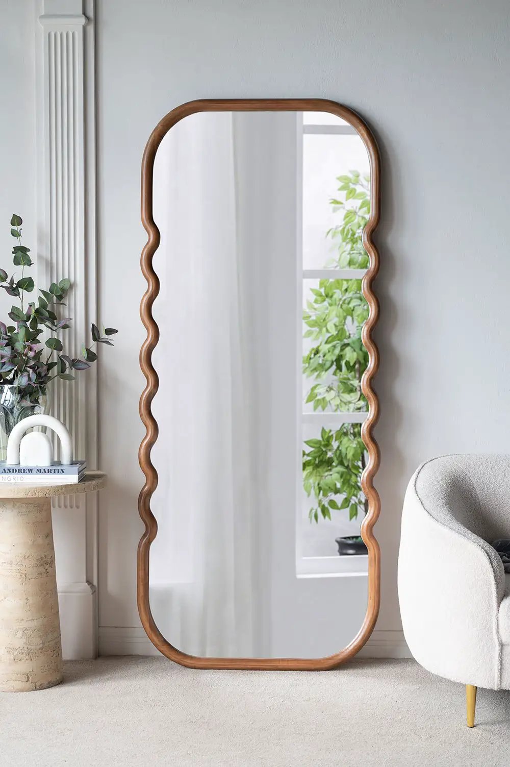 Oversized wooden floor mirror with a brown wavy-edge frame by Unique Piece Furniture on Tampa Home & Garden Store