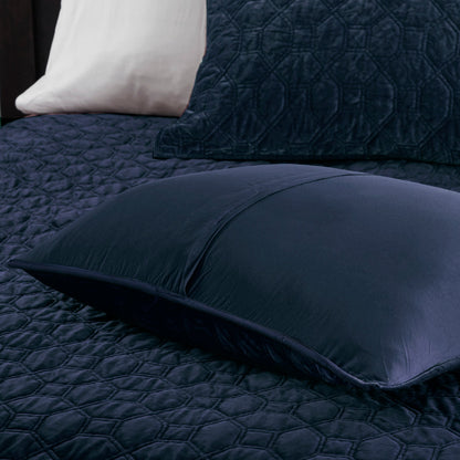 Navy velvet King/Cal King quilt set with geometric stitching, 3-piece by HouseOfZazla on Tampa Home & Garden Store