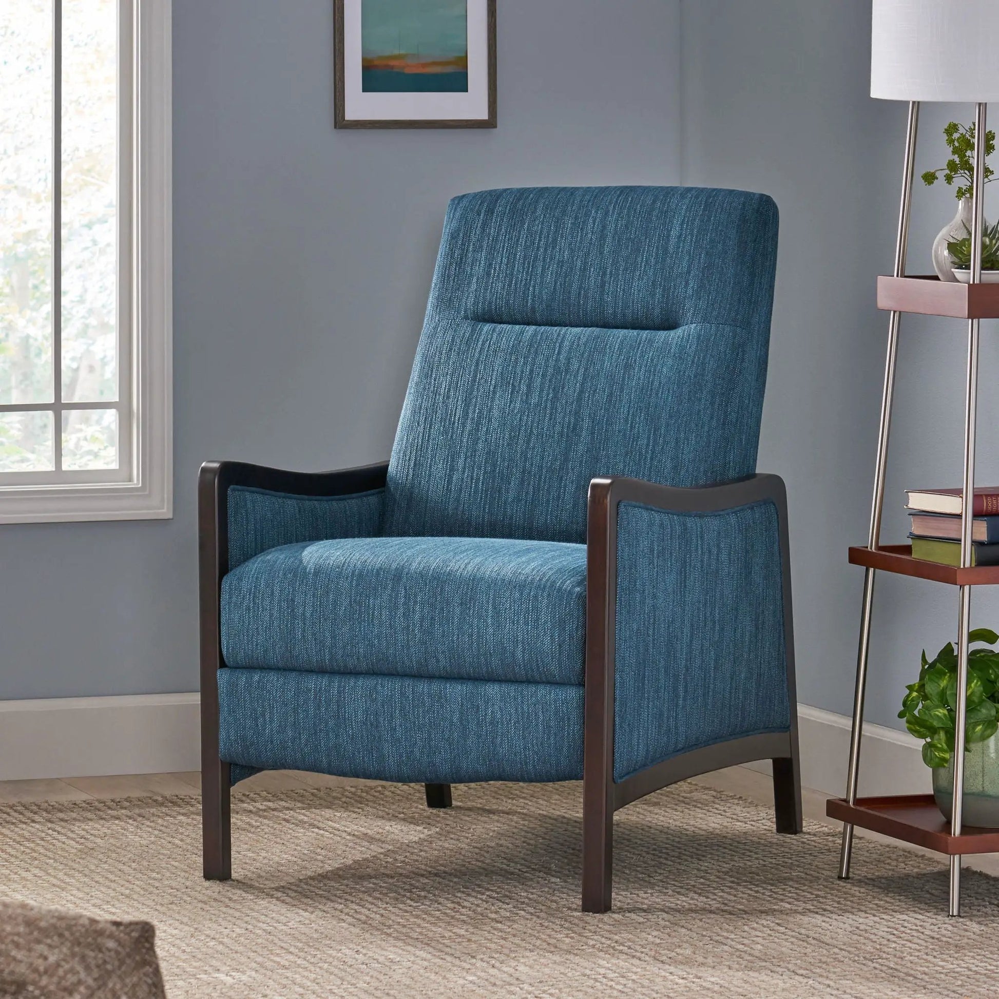 Drury contemporary fabric pushback recliner, blue upholstery with dark wood arms; 2 chairs on Tampa Home & Garden Store