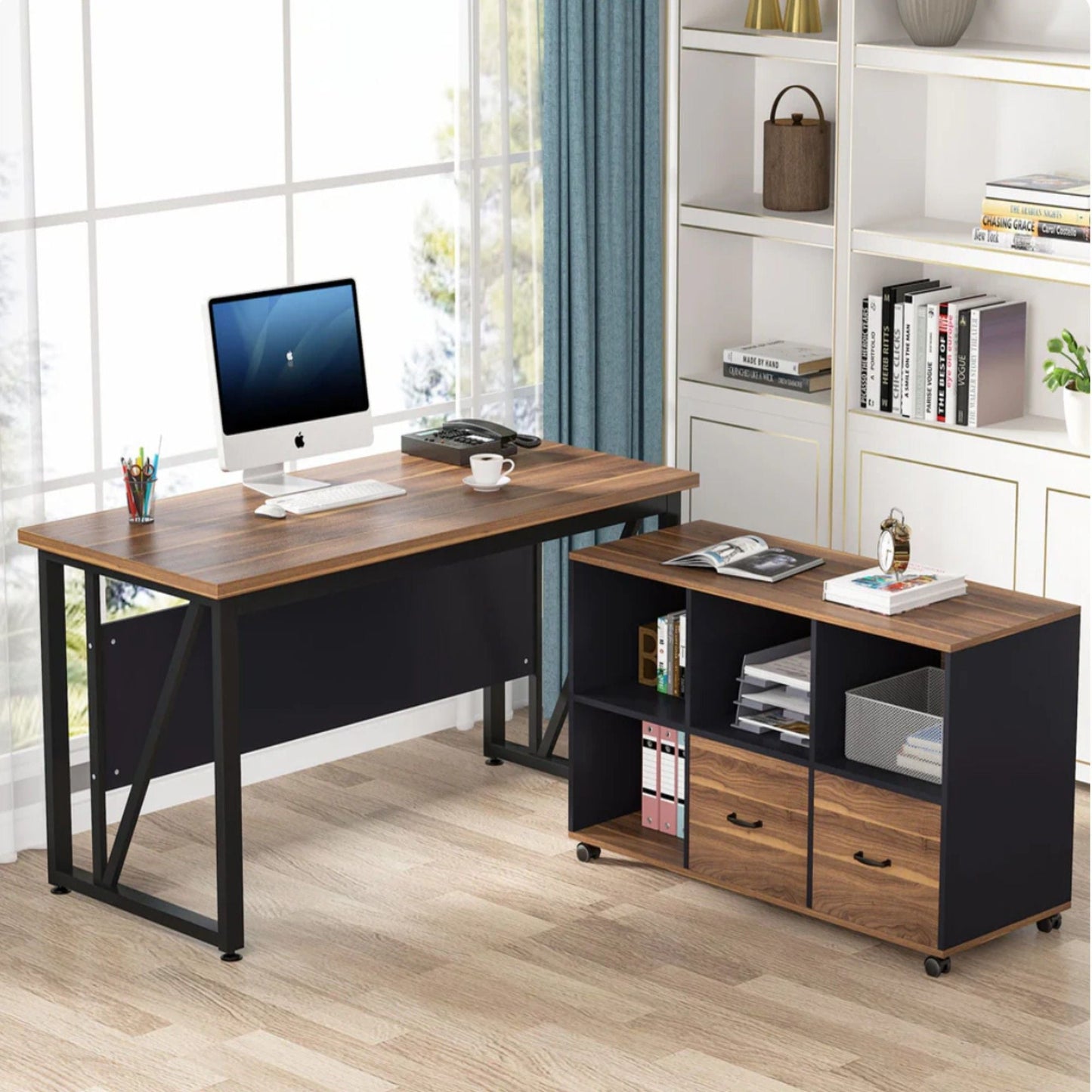 L-shaped executive desk with mobile file cabinet, brown top and black frame on Tampa Home & Garden Store