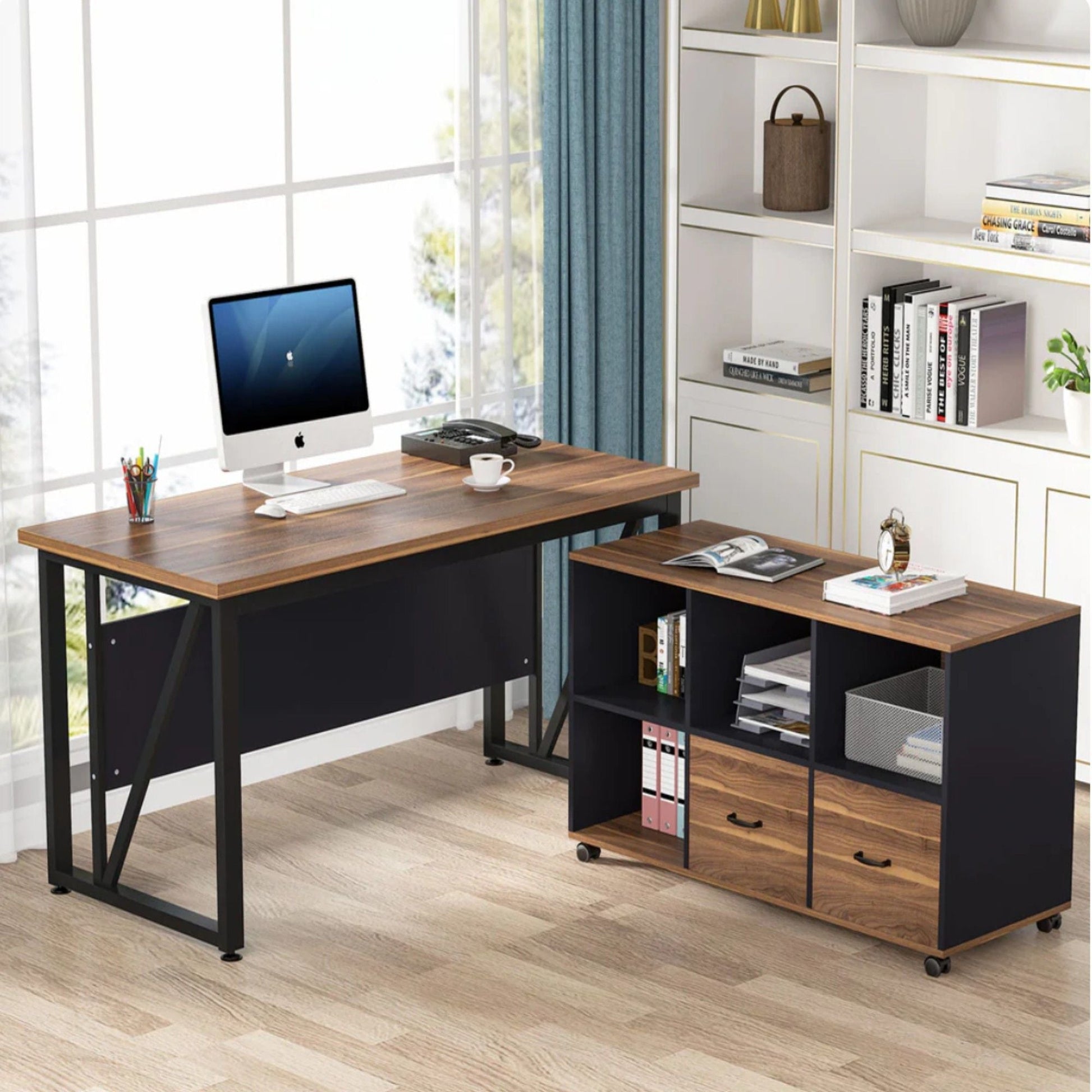 L-shaped executive desk with mobile file cabinet, brown top and black frame on Tampa Home & Garden Store