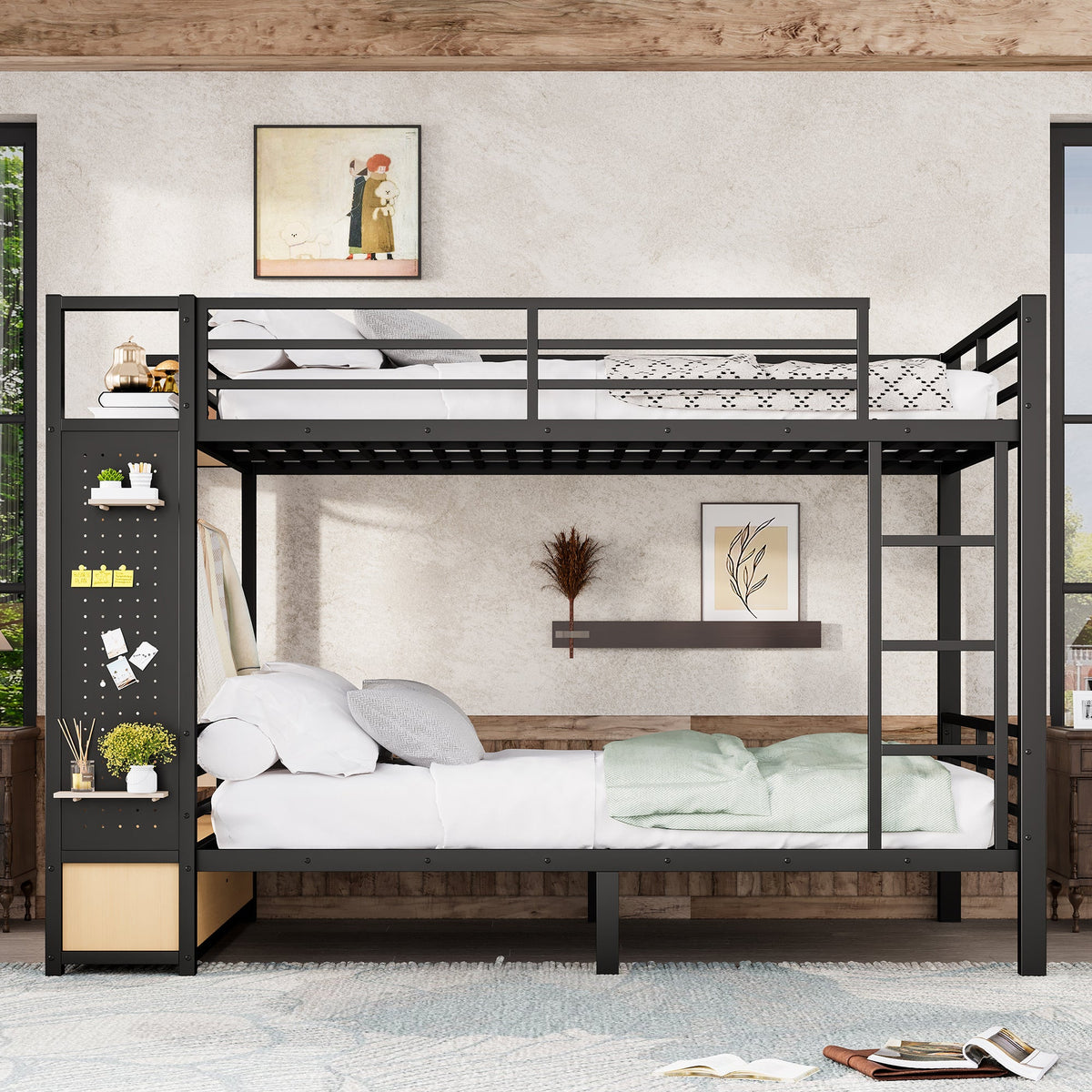 Queen over queen size metal bunk bed frame in black finish by HouseOfZazla for teens on Tampa Home & Garden Store