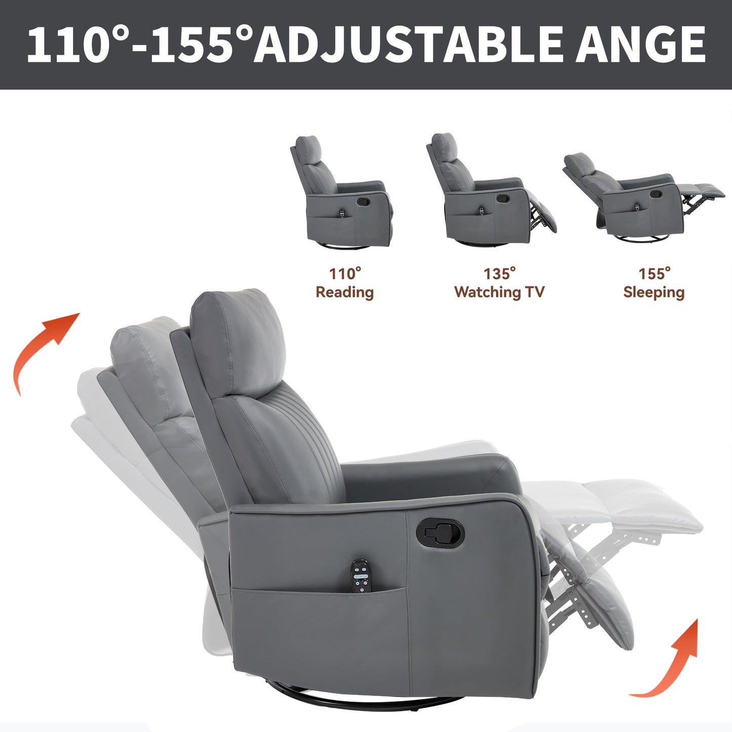 HouseOfZazla grey faux leather heat massage manual recliner chair with rocker and swivel on Tampa Home & Garden Store
