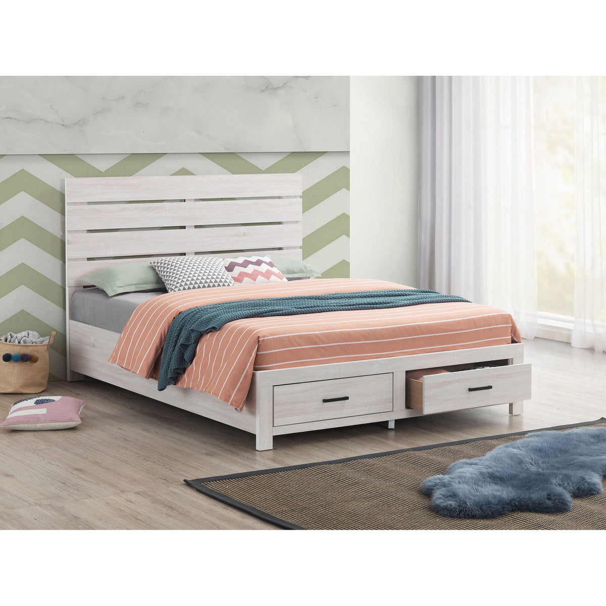 Geary Panel Bed by HouseOfZazla in light weathered wood with under-bed storage drawers on Tampa Home & Garden Store