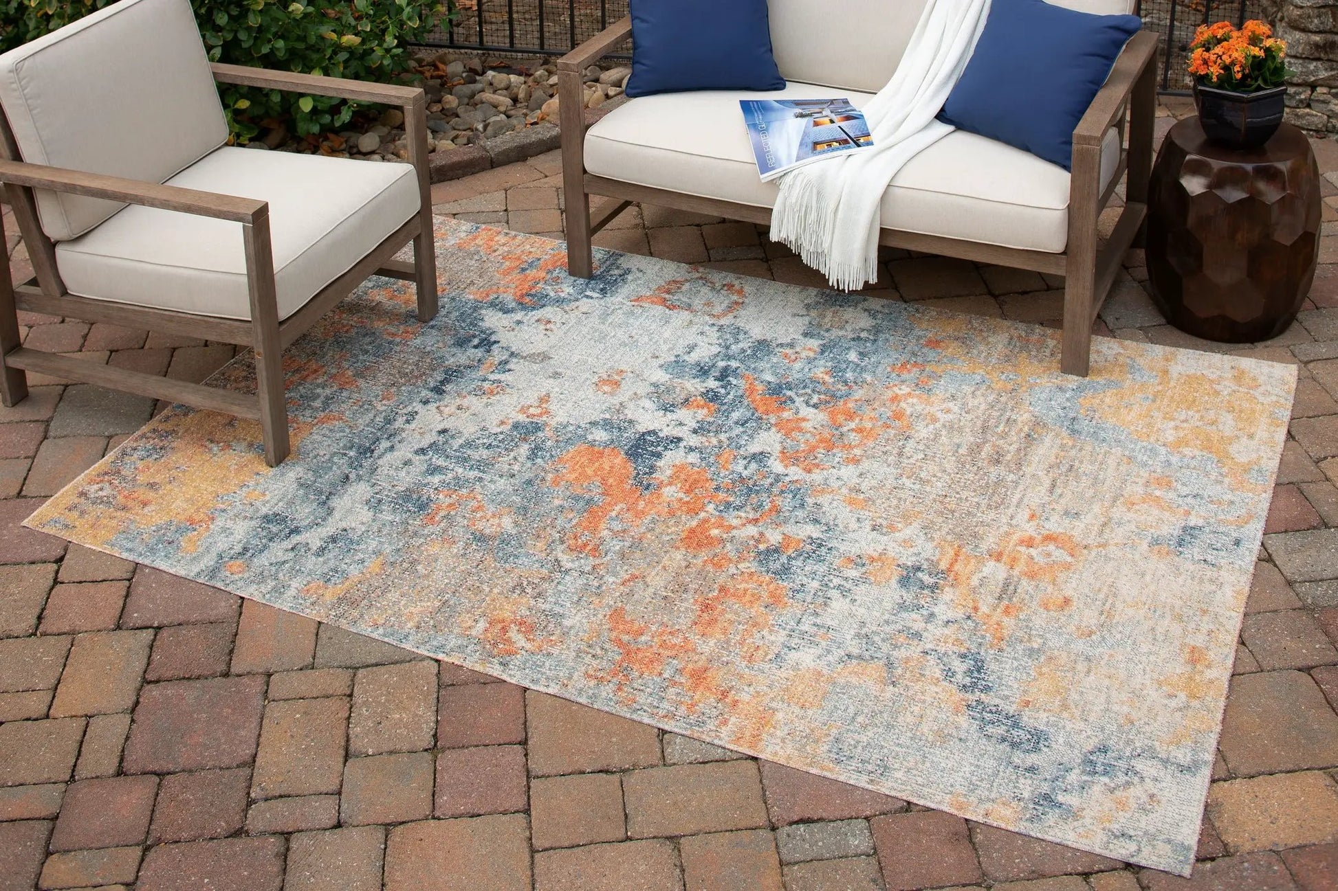 Wraylen Indoor/Outdoor Rug blue orange beige colorway by Unique Piece Furniture on Tampa Home & Garden Store
