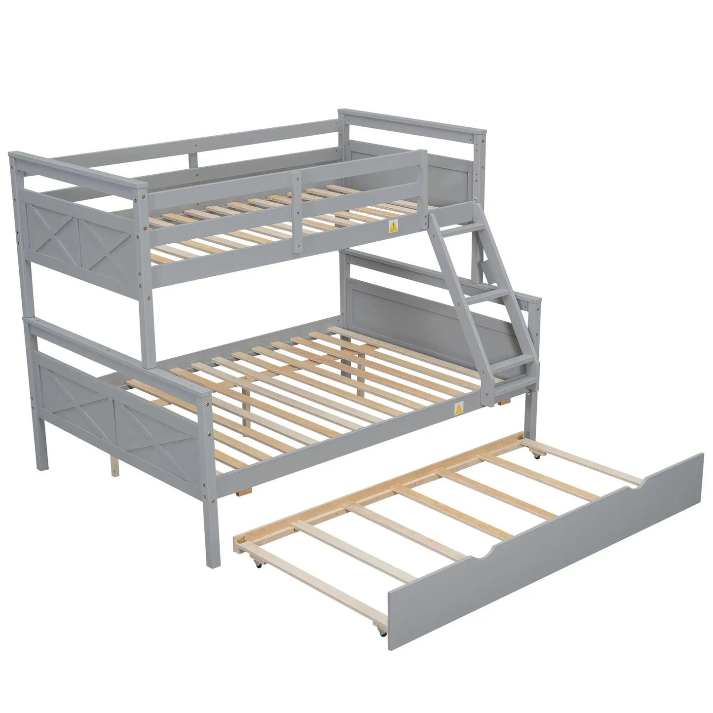 Gray bunk bed with ladder and safety guardrail, wood slat base, Unique Piece Furniture on Tampa Home & Garden Store
