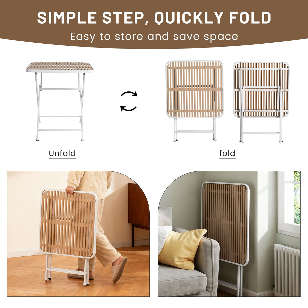 Modern outdoor folding table by HouseOfZazla with slatted wood top and white frame on Tampa Home & Garden Store