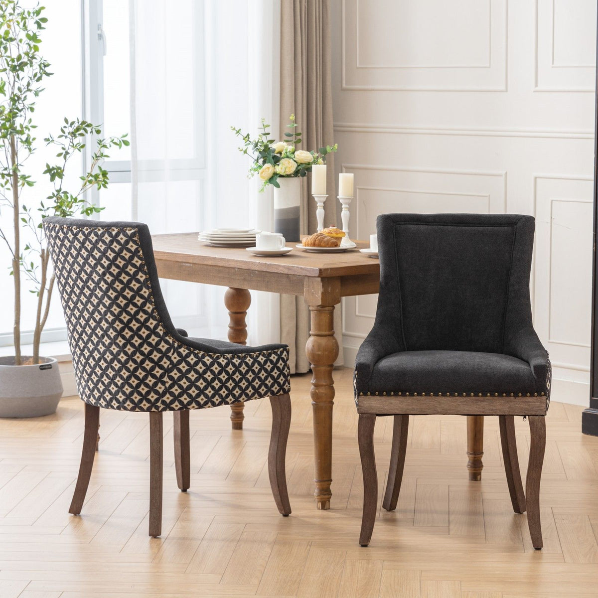 Ultra Side Dining Chair Set with solid wood legs two chairs patterned black/cream and charcoal on Tampa Home & Garden Store