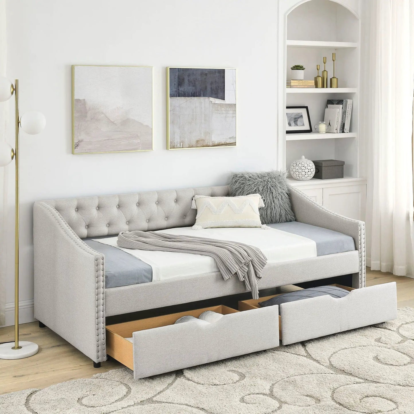 Upholstered daybed with 2 drawers, waved arms in gray fabric by Unique Piece Furniture on Tampa Home & Garden Store