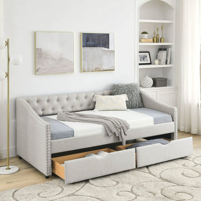 Upholstered daybed with 2 drawers, waved arms in gray fabric by Unique Piece Furniture on Tampa Home & Garden Store