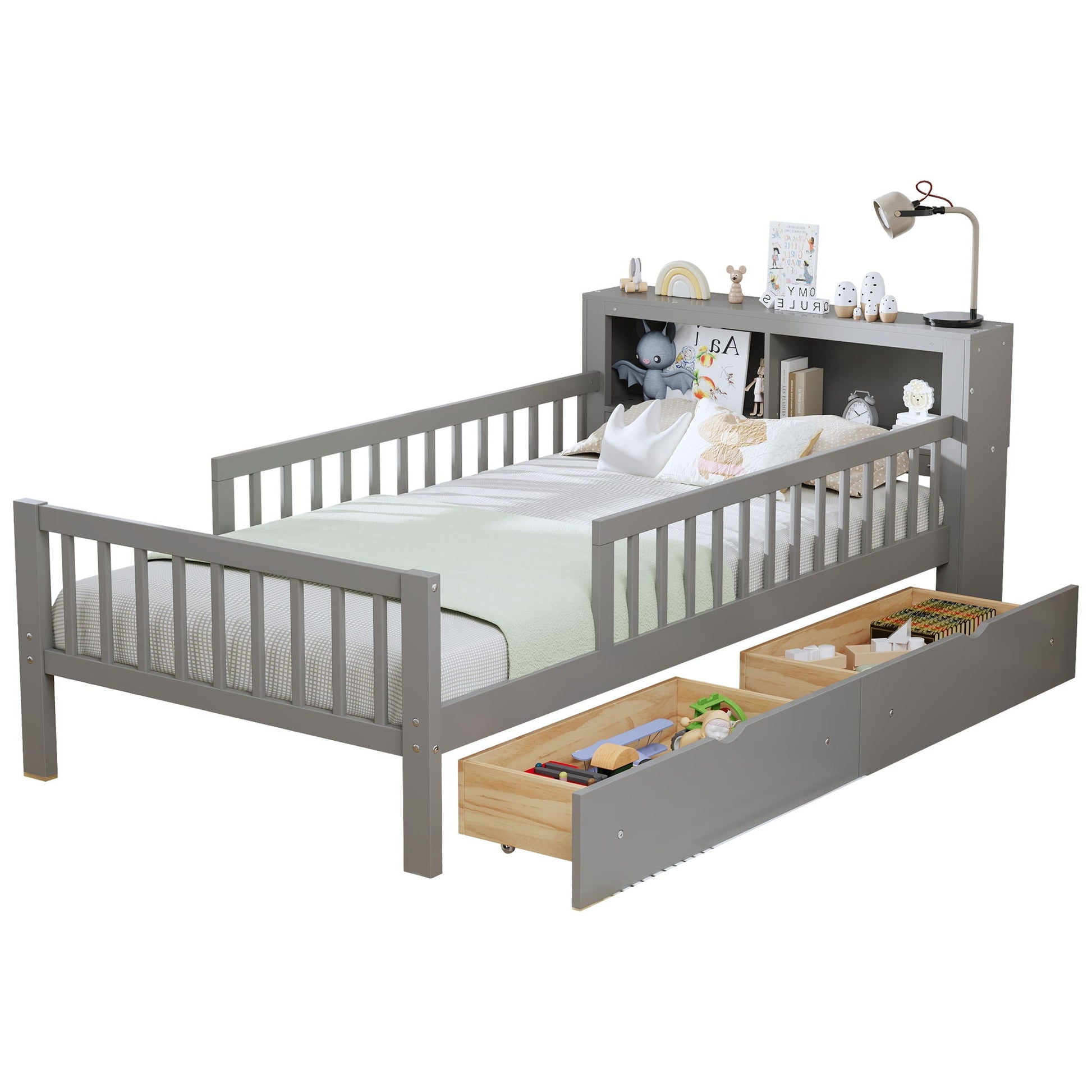 Gray storage bed with headboard rack, 2 under-bed drawers and 3 guardrails HouseOfZazla on Tampa Home & Garden Store