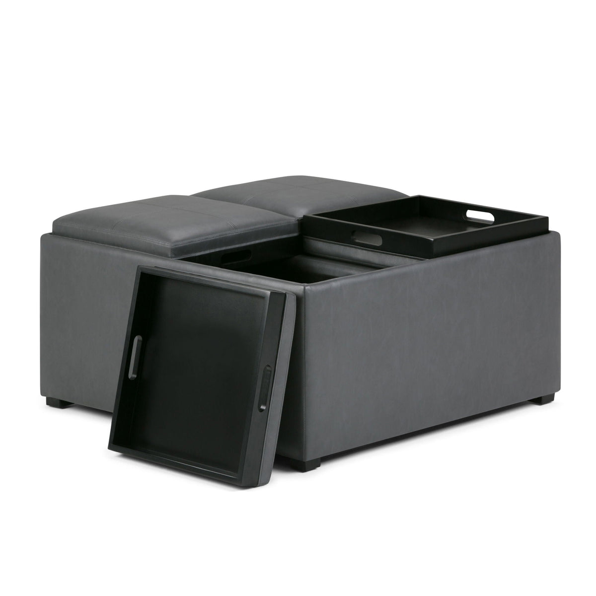 Avalon Square Ottoman Coffee Table With Trays in dark gray faux leather storage ottoman on Tampa Home & Garden Store