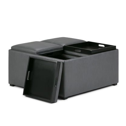 Avalon Square Ottoman Coffee Table With Trays in dark gray faux leather storage ottoman on Tampa Home & Garden Store