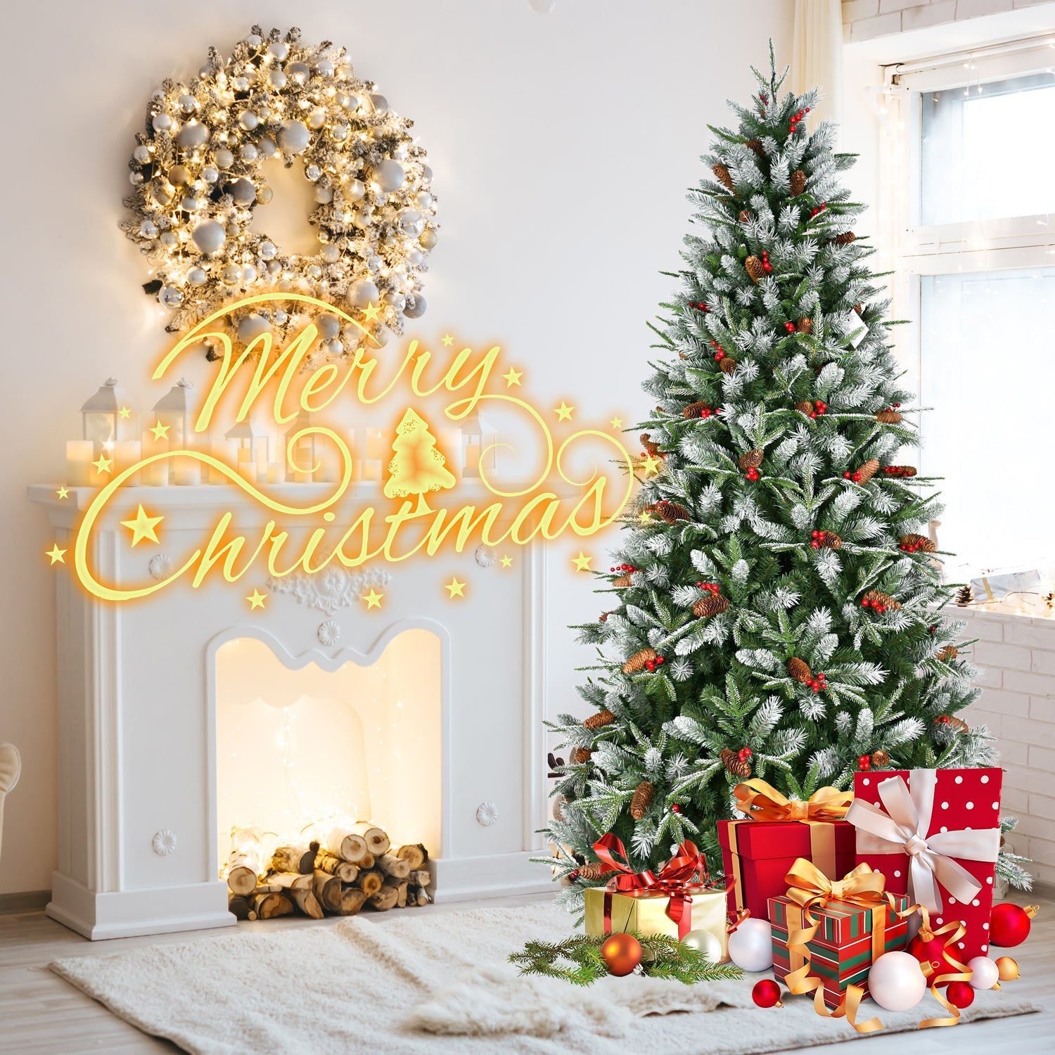7.5-Foot Snow-Tipped Woodland Christmas Tree by HouseOfZazla with frosted needles and pinecones on Tampa Home & Garden Store